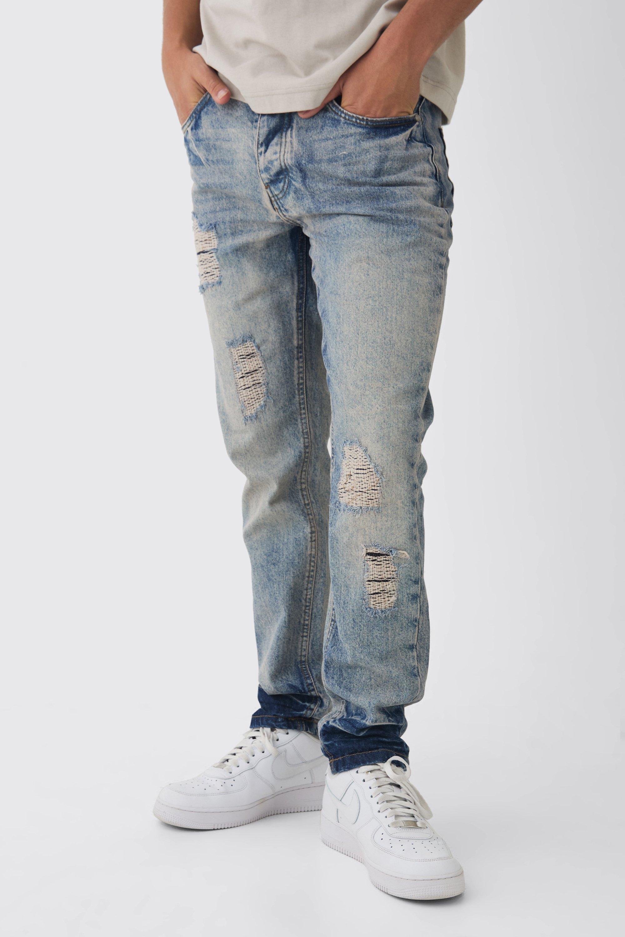 Mens Blue Slim Fit Ripped Stitch Detail Jeans, Blue